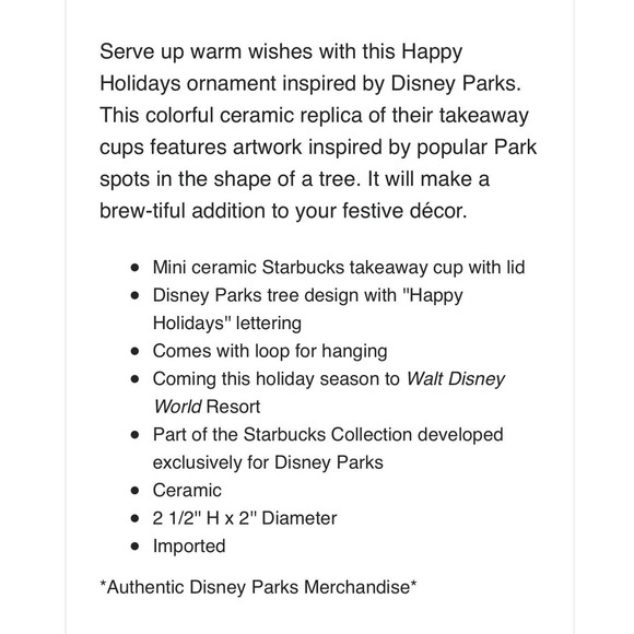 Disney Parks Happy Holidays Starbucks Mini Tumbler Ornament - Picture 6 of 6
